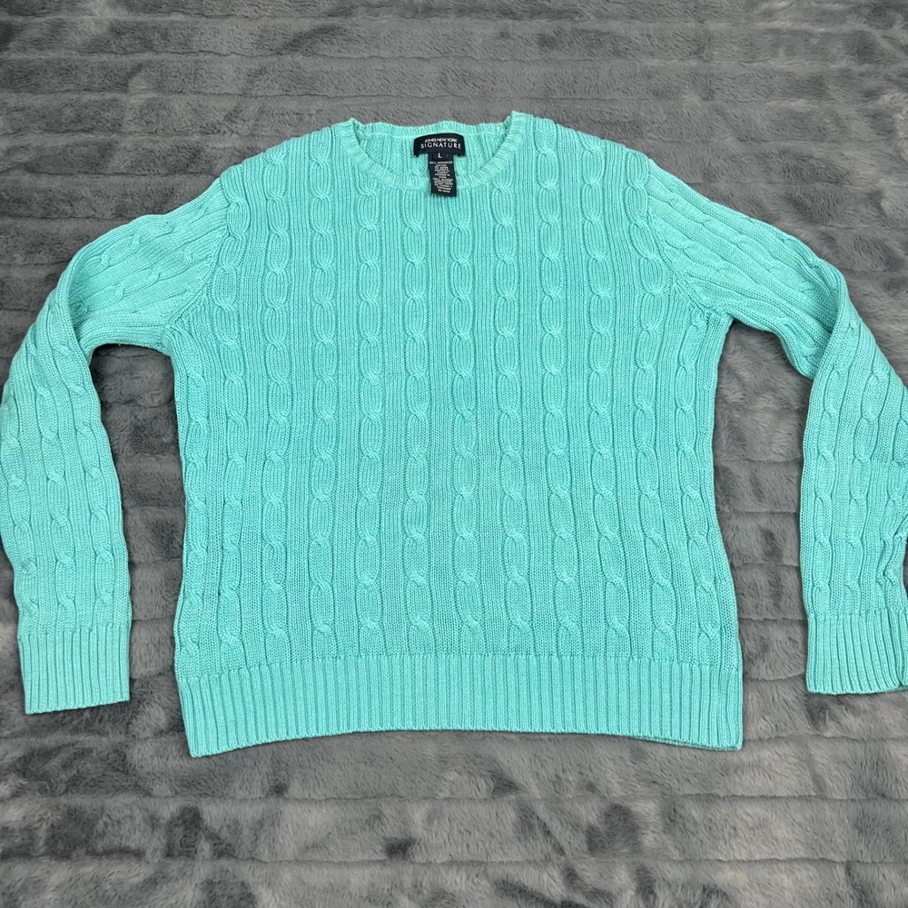 Jones New York Signature Aqua Blue Cable Knit Mercerized Cotton Sweater Large